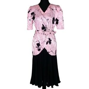 Vintage 80’s Pink Black Flare Dress Puffy Sleeves V Neck Abstract Size Medium